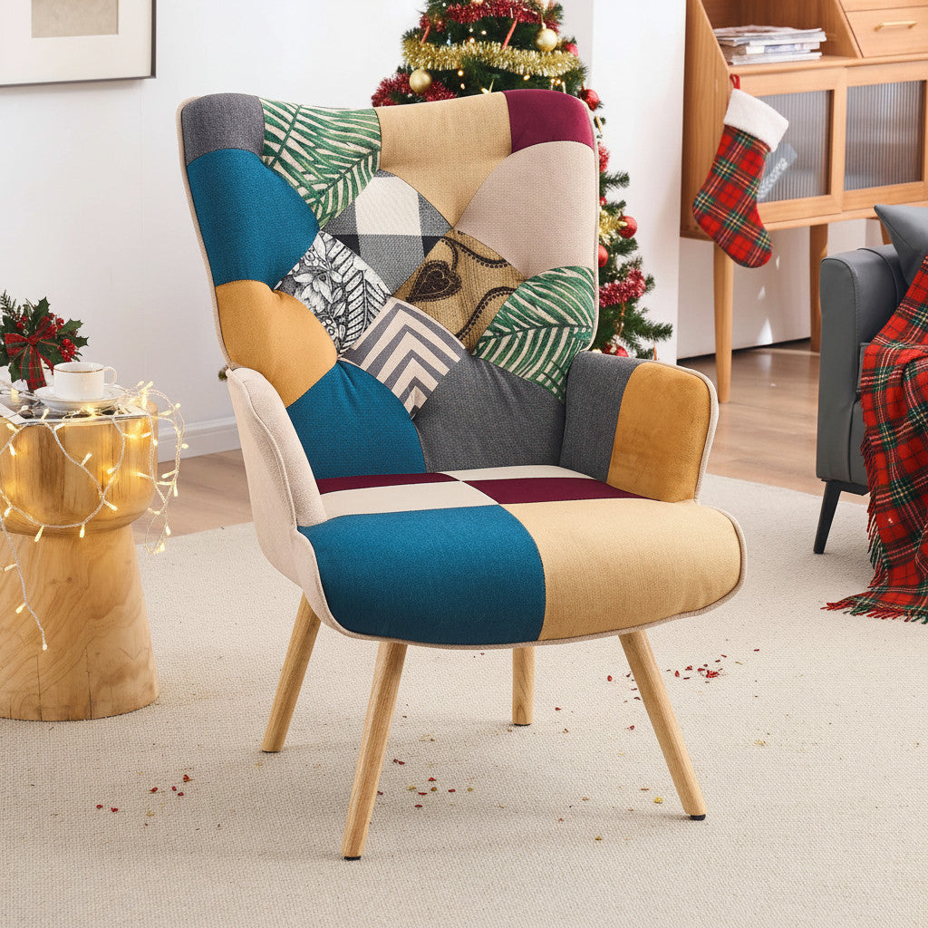 330lb Capacity Colorful Patchwork Modern Accent Chair - High Back Armchair with Memory Foam Cushion & Hardwood Legs, Linen Living Room, Bedroom, Home Office Chair - Easy Assembly, Neutral & Accent Colors - for Living Room, Reading Nook Decor