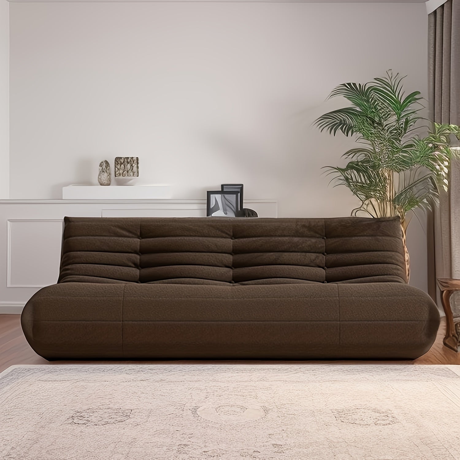 Triple Seat Teddy Fleece Minimalist Living Room Sofa | Tatami Floor, Modular Loveseat, Bedroom Reading Chair, Contemporary Style with Embellishment, Mixed Color