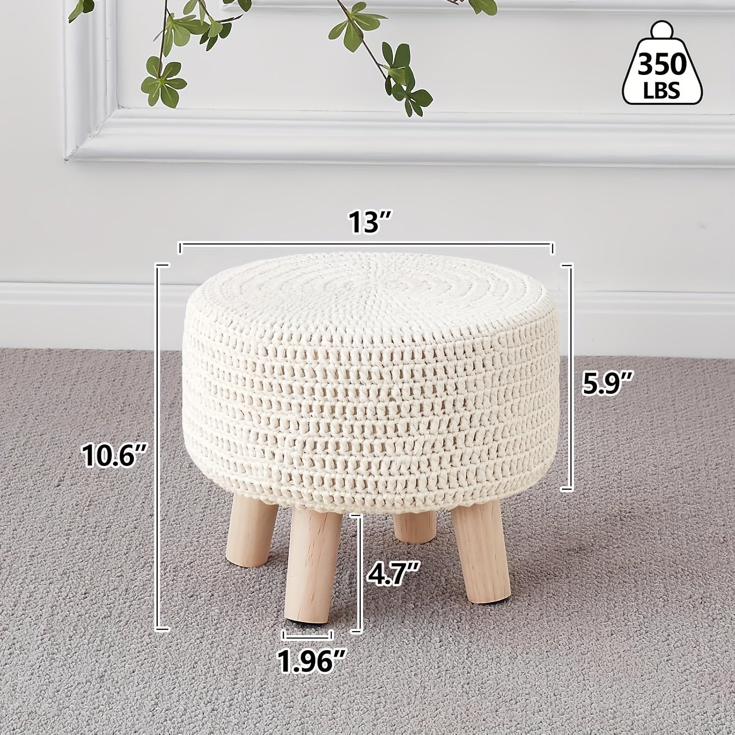 Small Ottomans, 100% Hand Knitted Pouf, Round Footrest with 4 Non-Skid Wood Legs, Boho Decor Cotton Rope Pouffe Beside Sofa, Leisure Floor Step Chair for Living Room
