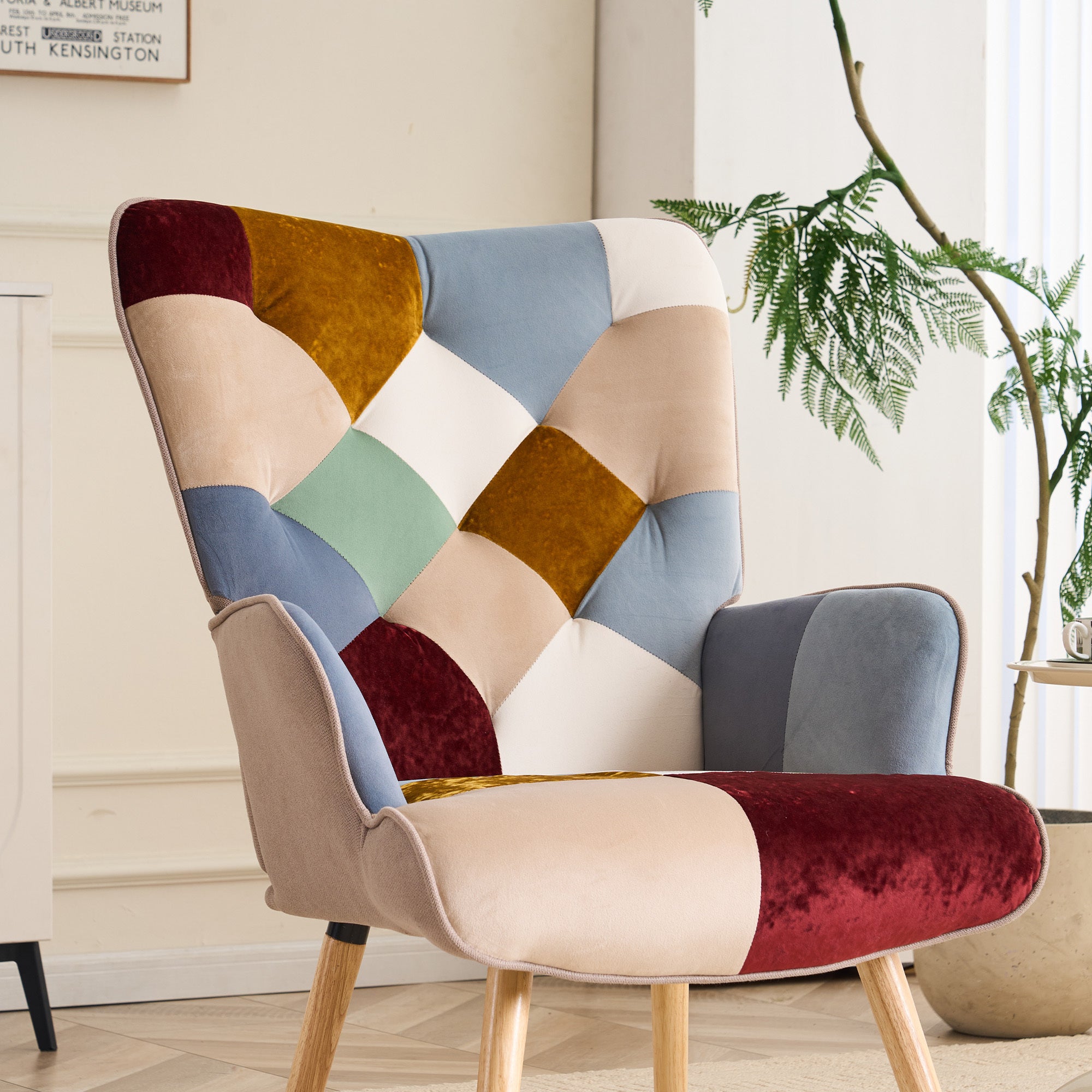 330lb Capacity Colorful Patchwork Modern Accent Chair - High Back Armchair with Memory Foam Cushion & Hardwood Legs, Linen Living Room, Bedroom, Home Office Chair - Easy Assembly, Neutral & Accent Colors - for Living Room, Reading Nook Decor