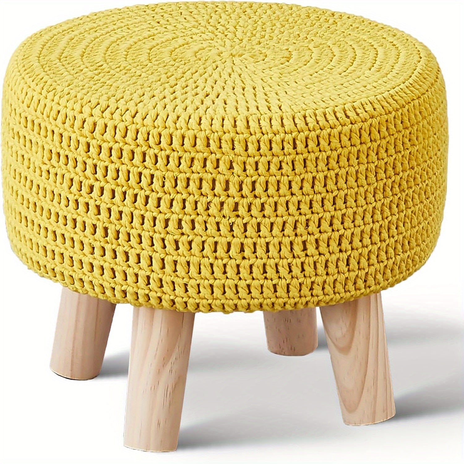 Small Ottomans, 100% Hand Knitted Pouf, Round Footrest with 4 Non-Skid Wood Legs, Boho Decor Cotton Rope Pouffe Beside Sofa, Leisure Floor Step Chair for Living Room