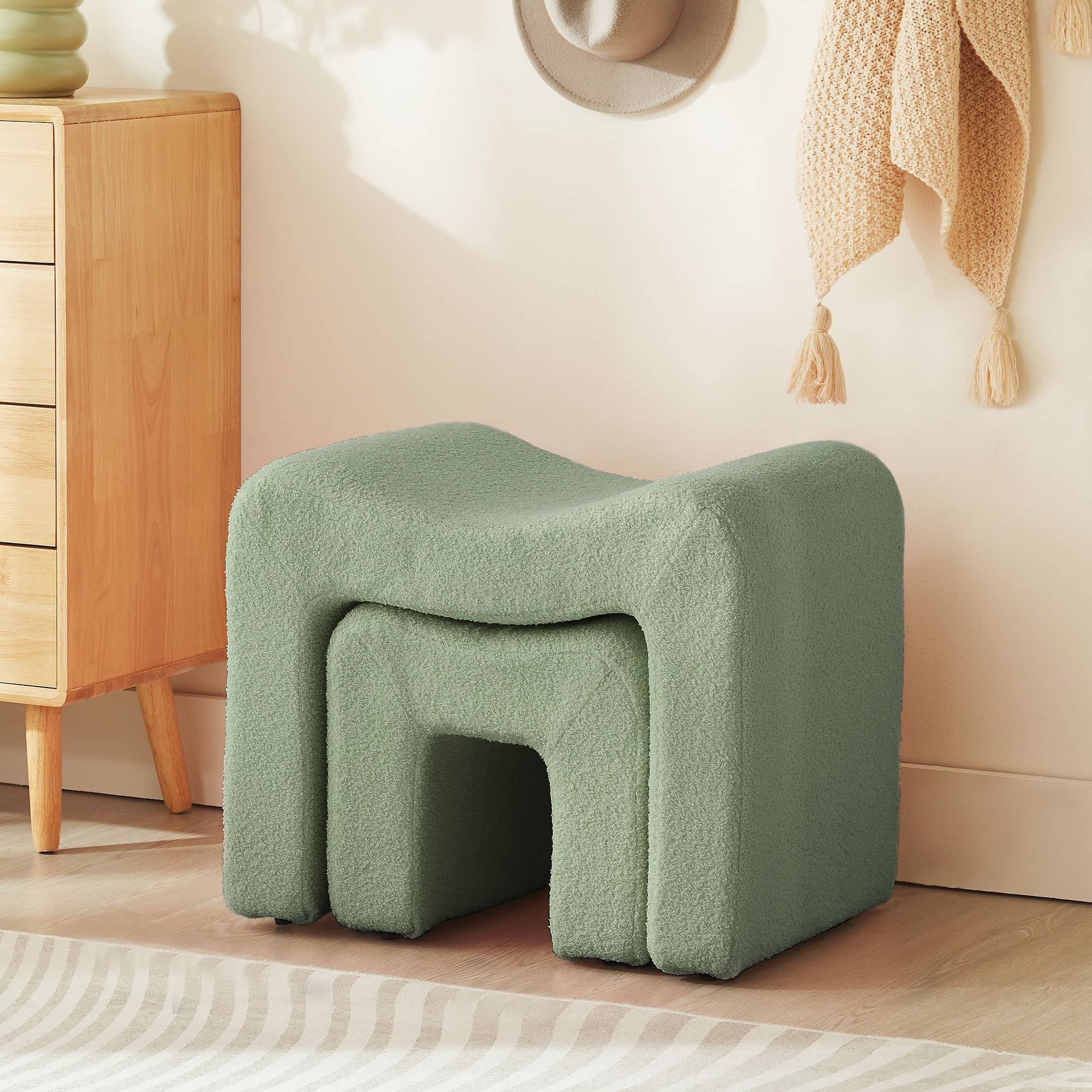 Ottoman Set of 1-2 Vanity Stool Chair Seating Backless Modern Foot Rest Teddy Velvet Small Footstool Ottoman for Makeup Room Living Room Bedroom Entryway