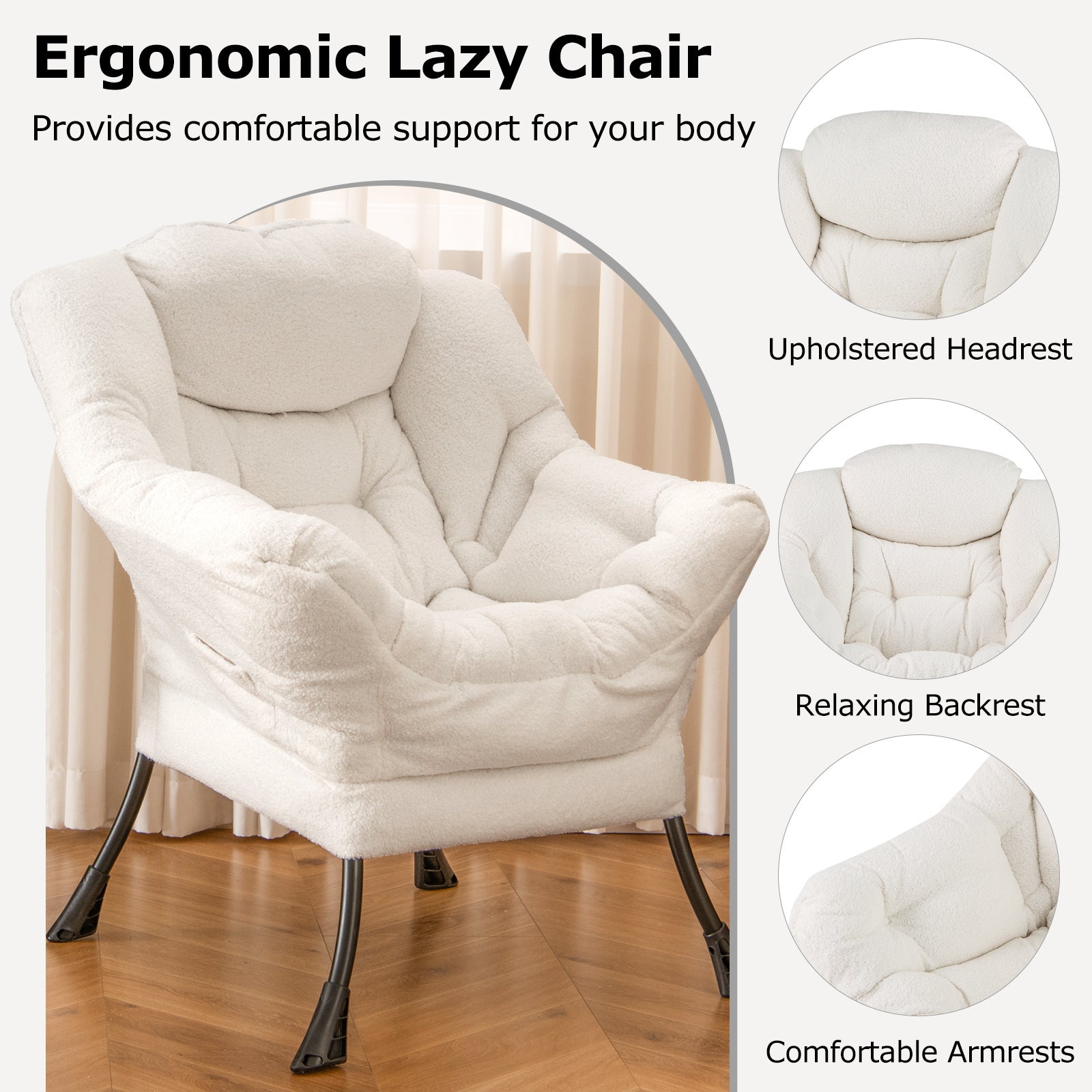 COSTWAY Sherpa Fabric Lazy Chair, Modern Accent Chair with Armrests & Side Pocket, Upholstered Lounge Reading Chair with Heavy-duty Metal Frame for Living Room Bedroom