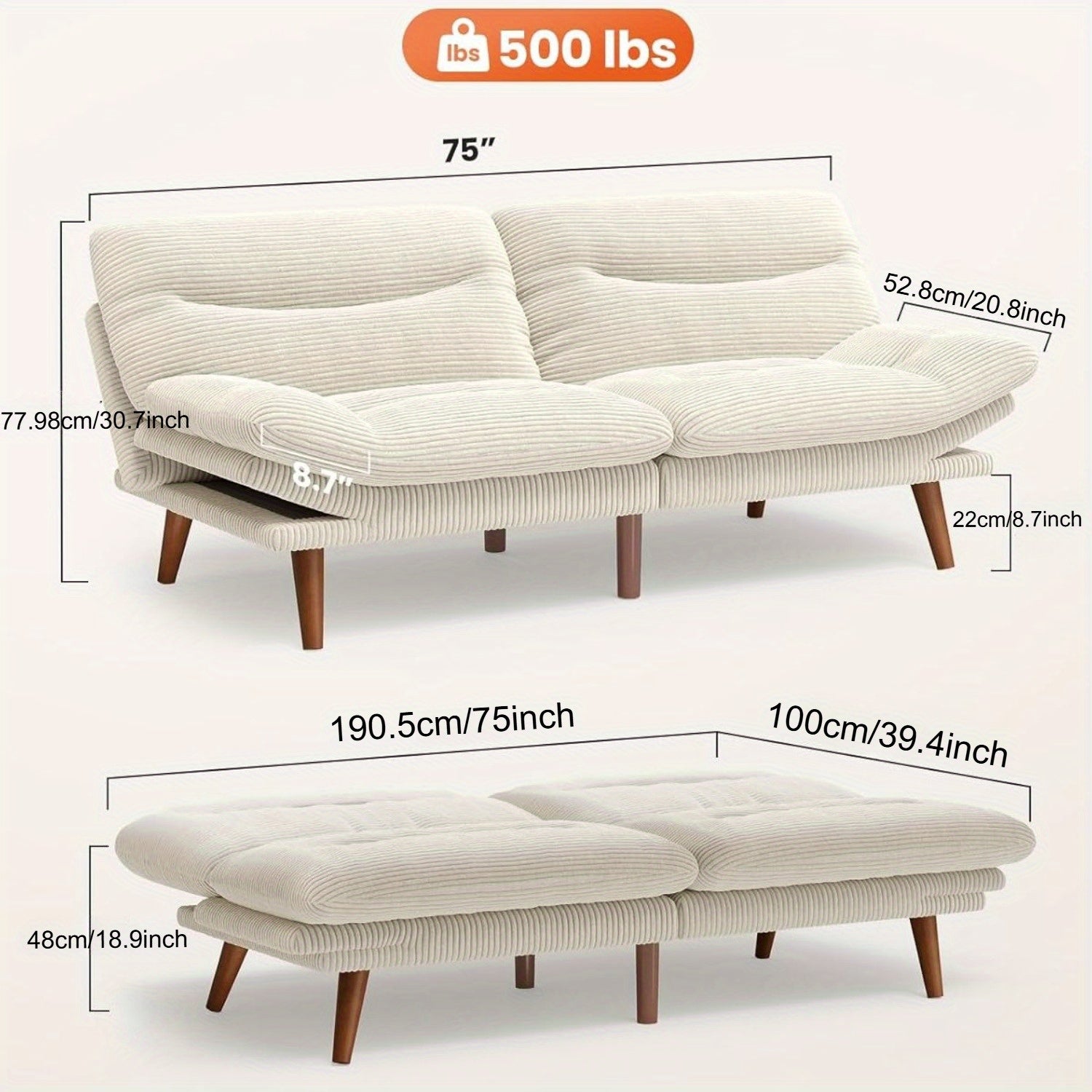 66-75Inch Futon Sofa Bed with Adjustable Backrest Armrests, Convertible Futon Sofa Couch for Small Spaces, Living Room Or Office, Corduroy Futons Sofas Bed Christmas Gift Decoration Sofa