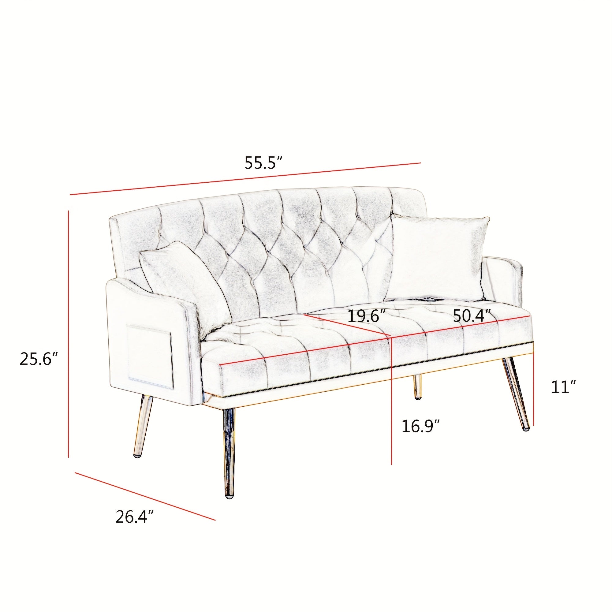 Chic Pink Tufted Loveseat Sofa with Golden Metal Legs & Hardwood Frame - Includes 2 Square Pillows, Side Pockets, and Modern Design for Living Room Comfort, Modern Loveseat | Tufted Upholstery | Decorative Stitching, Sofa for Living Room